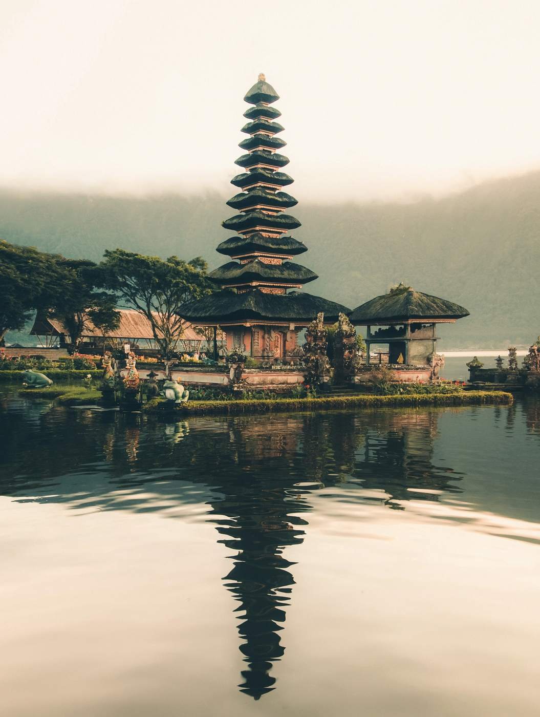 Bali temple and rice terraces at golden hour